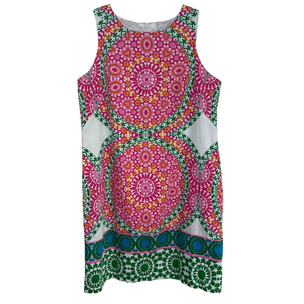 London Times Shift Dress Sz 8 Sleeveless Geometric Medallion Print Cotton Resort